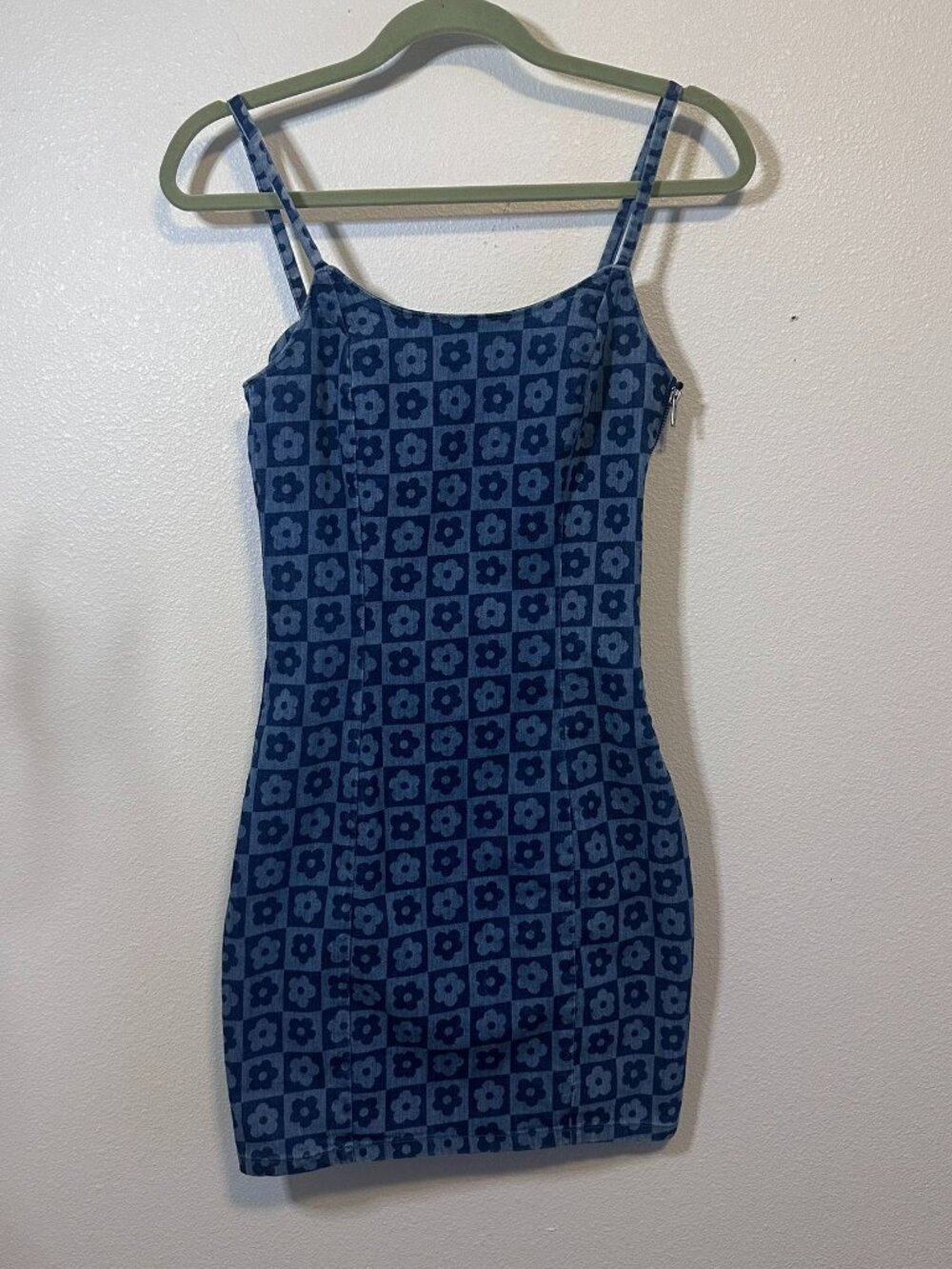 H&M blue mini dress with repeating dark blue floral pattern